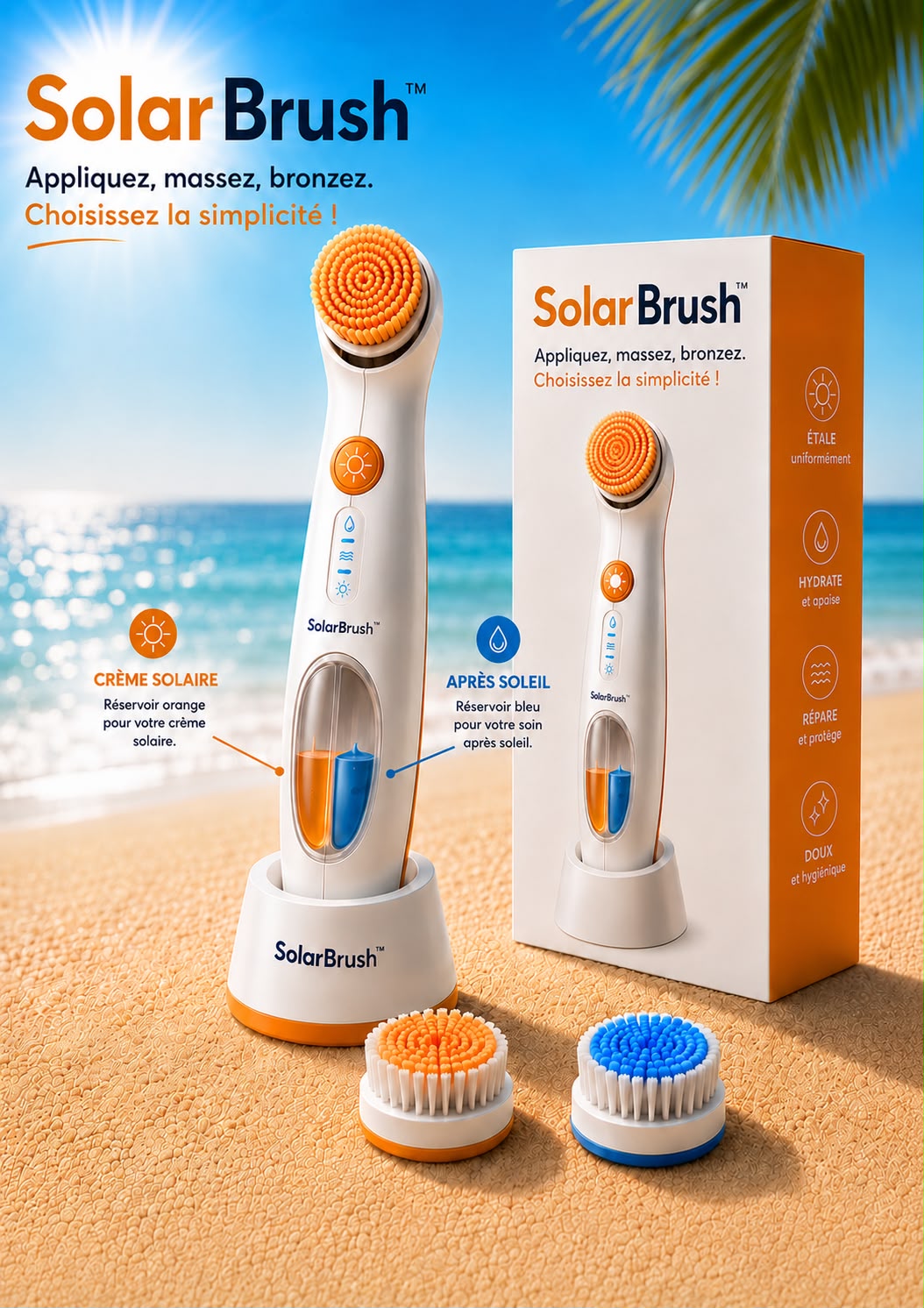 SolarBrush™ — brosse à double réservoir avec ses embouts crème solaire et après-soleil